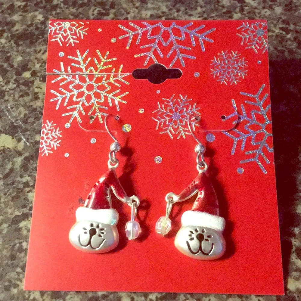 1 LEFT🎁🎅🏼🐈‍⬛ SILVER-TONE METAL CHRISTMAS KITTY CAT w/SANTA HAT HOOK EARRINGS - Picture 2 of 4